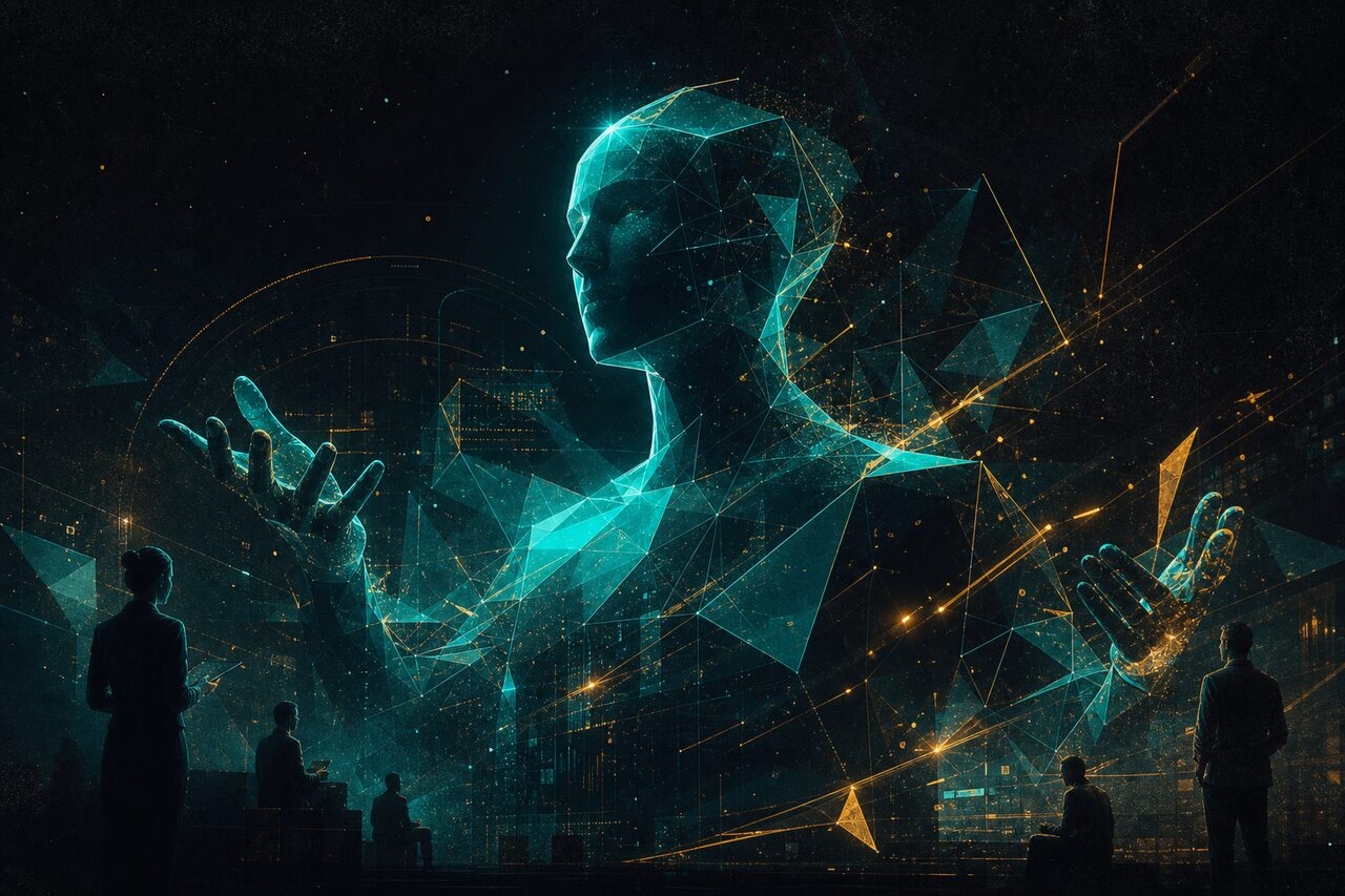 Abstract illustration of a glowing AI agent silhouette